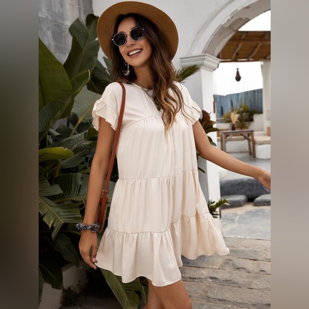 SHEIN Beige Tiered Ruffle Sleeve Mini Smock Dress - Size Small - Picture 7 of 11